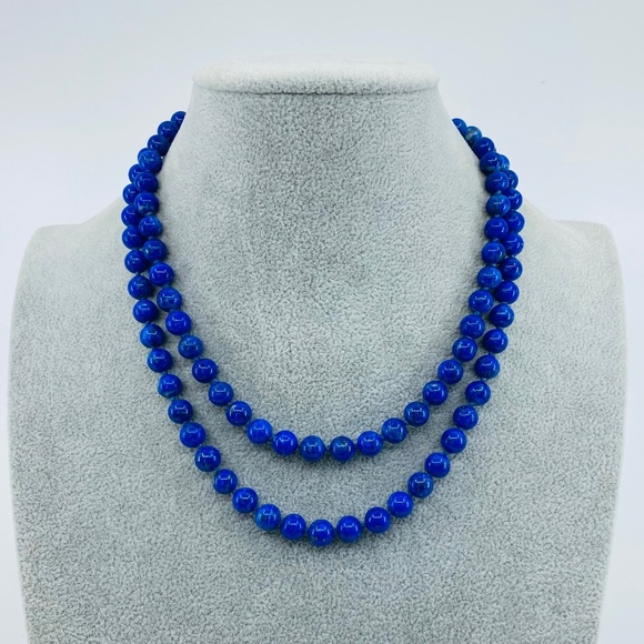 Estate 14 kt gold natural blue silk knotted beaded 36" necklace.